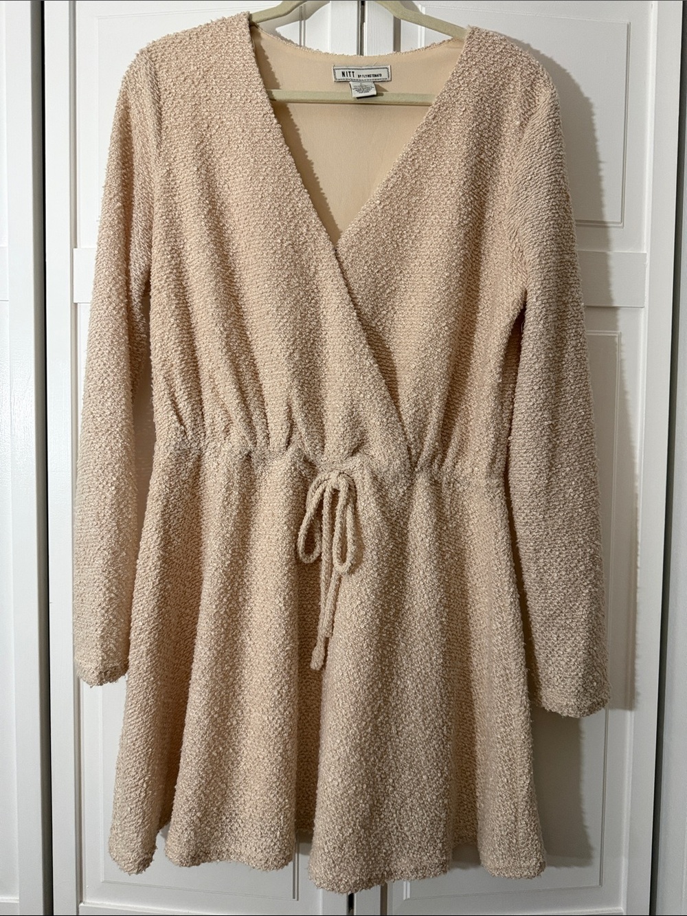 Flying Tomato Cream Textured Wrap Long-Sleeve Dress with Drawstring
